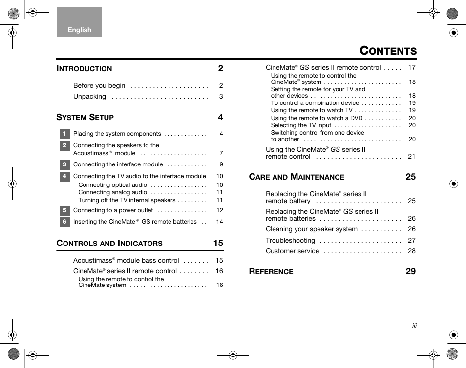 Ontents | Bose CineMate GS Series II User Manual | Page 3 / 124