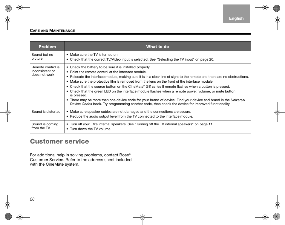 Customer service | Bose CineMate GS Series II User Manual | Page 30 / 124