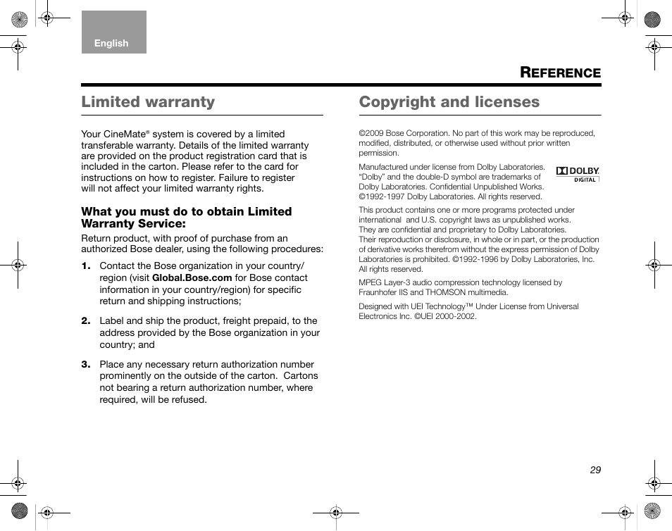Eference, Limited warranty, Copyright and licenses | Bose CineMate GS Series II User Manual | Page 31 / 124