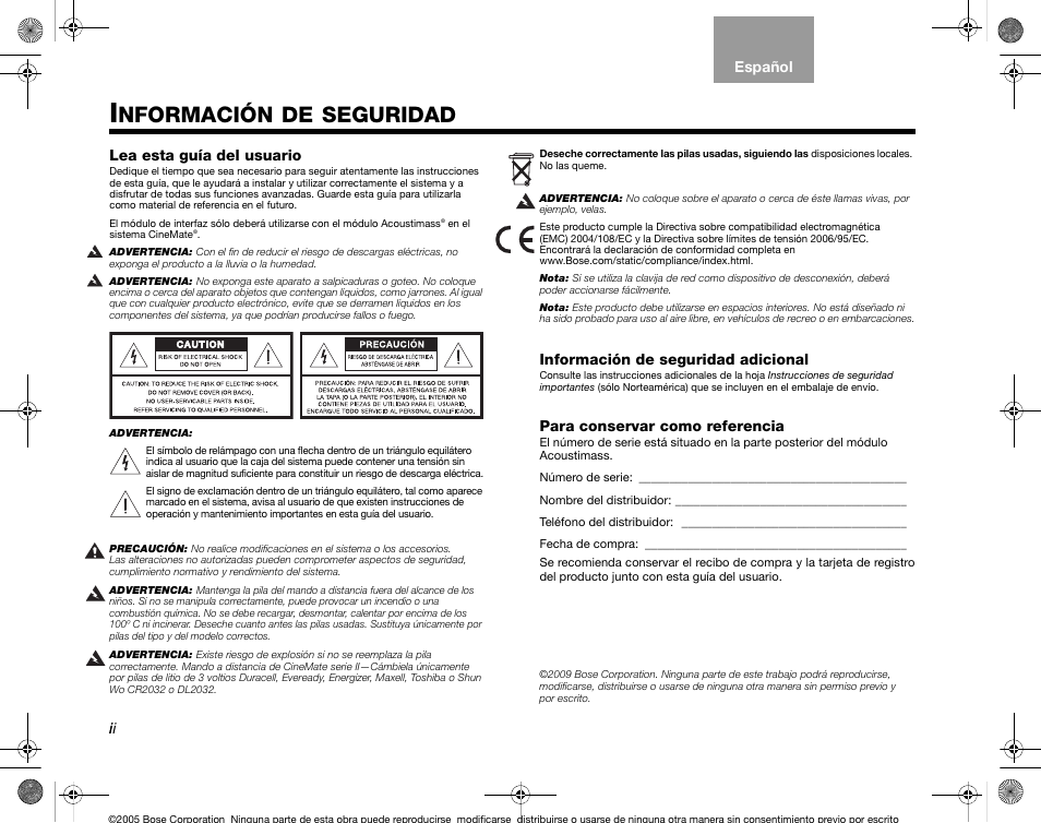 Kaiser_og_esp_print, Nformación, Seguridad | Bose CineMate GS Series II User Manual | Page 32 / 124