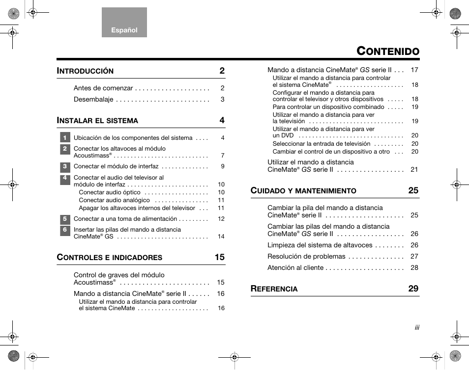 Ontenido | Bose CineMate GS Series II User Manual | Page 33 / 124