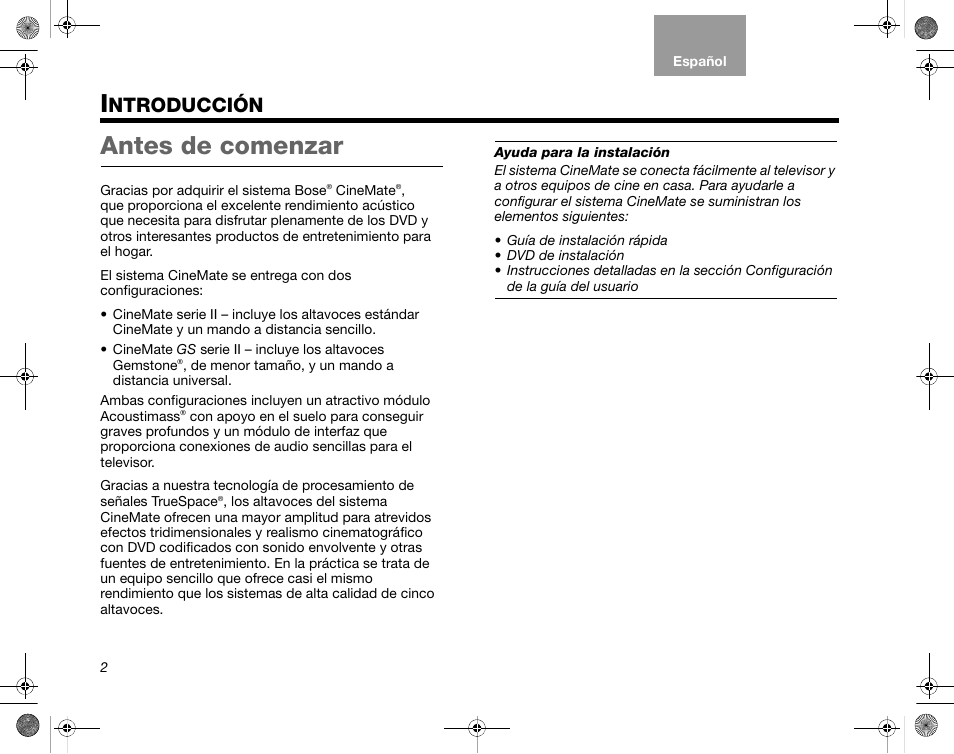 Ntroducción, Antes de comenzar | Bose CineMate GS Series II User Manual | Page 34 / 124