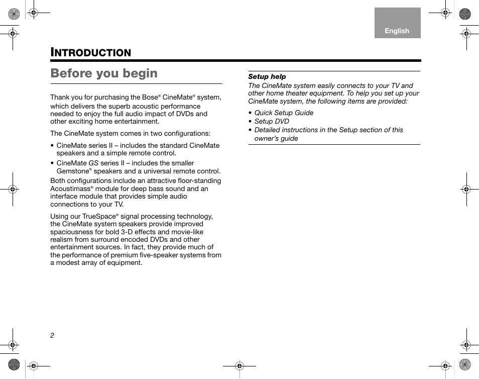 Ntroduction, Before you begin | Bose CineMate GS Series II User Manual | Page 4 / 124