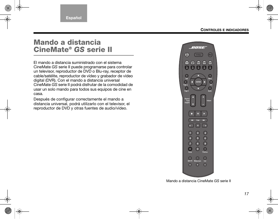 Mando a distancia cinemate, Gs serie ii | Bose CineMate GS Series II User Manual | Page 49 / 124