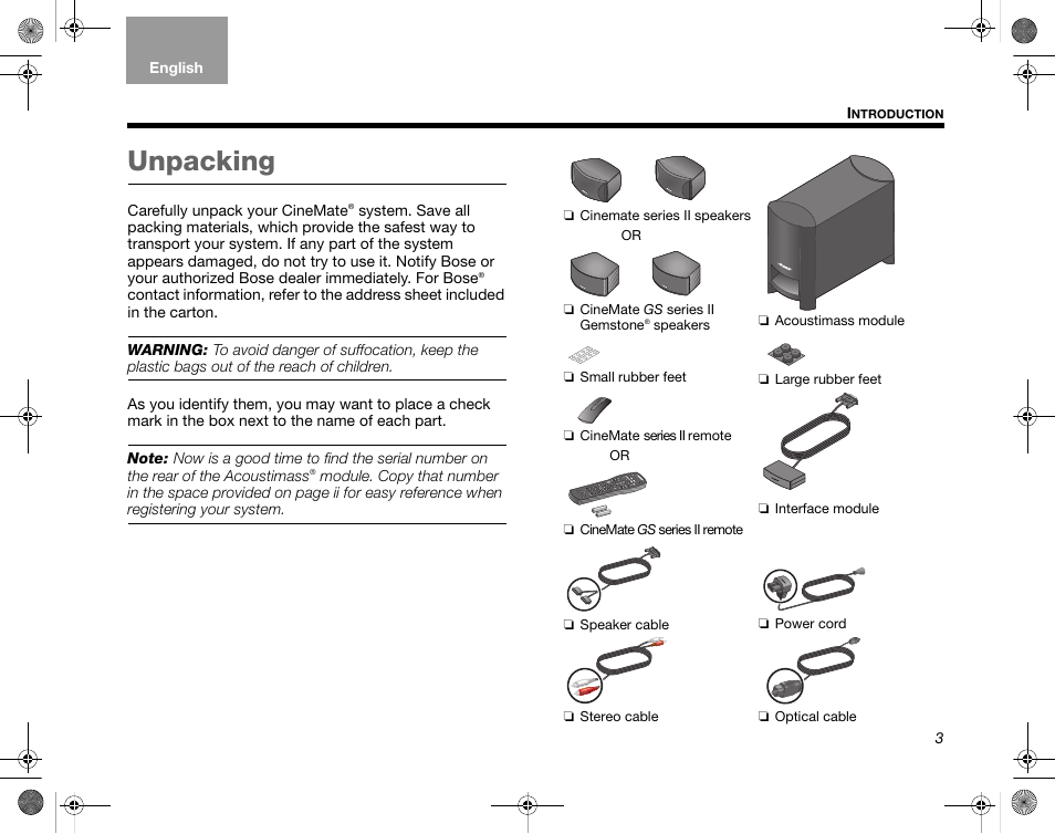 Unpacking | Bose CineMate GS Series II User Manual | Page 5 / 124