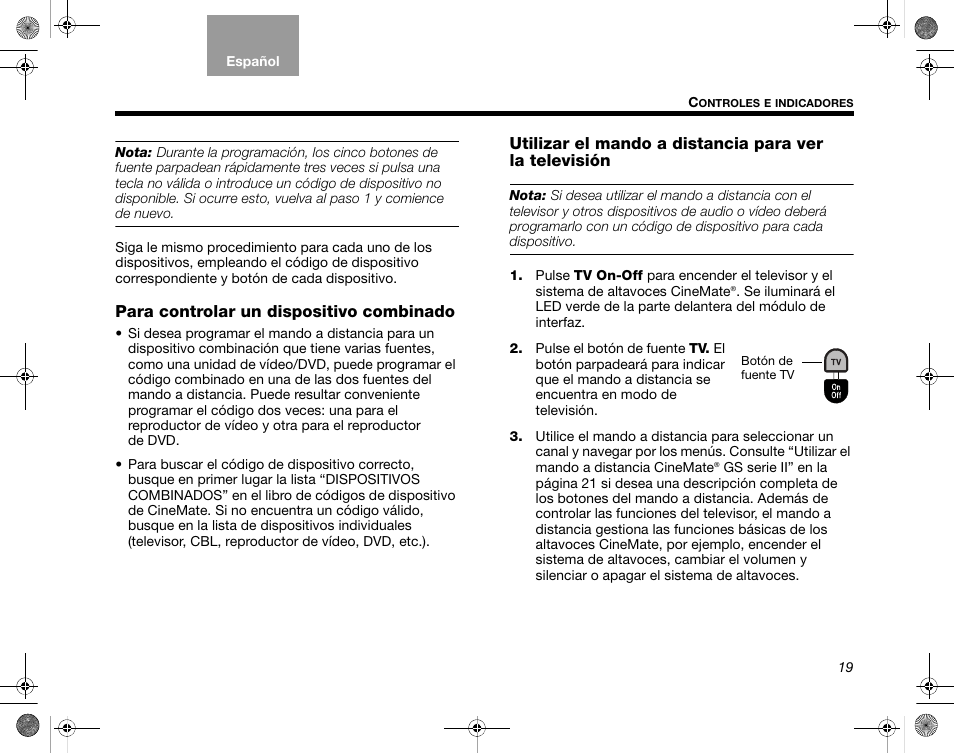 Para controlar un dispositivo combinado | Bose CineMate GS Series II User Manual | Page 51 / 124