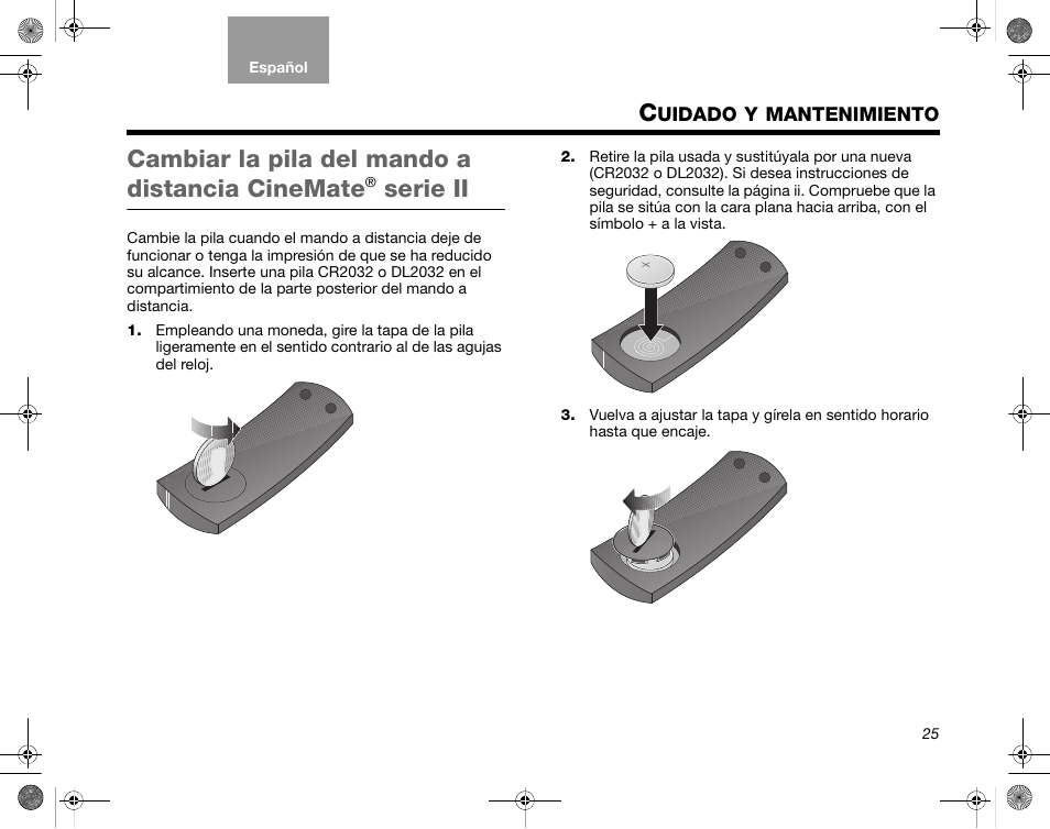 Uidado, Mantenimiento, Cambiar la pila del mando a distancia cinemate | Serie ii | Bose CineMate GS Series II User Manual | Page 57 / 124