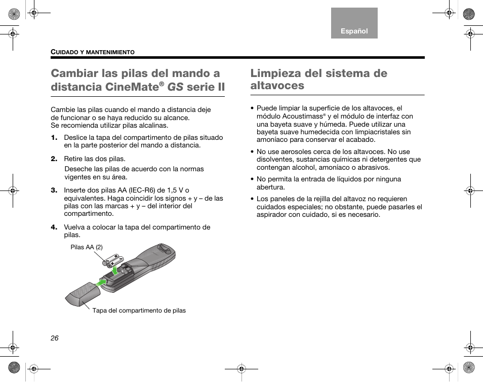 Cambiar las pilas del mando a distancia cinemate, Limpieza del sistema de altavoces, Gs serie ii | Bose CineMate GS Series II User Manual | Page 58 / 124