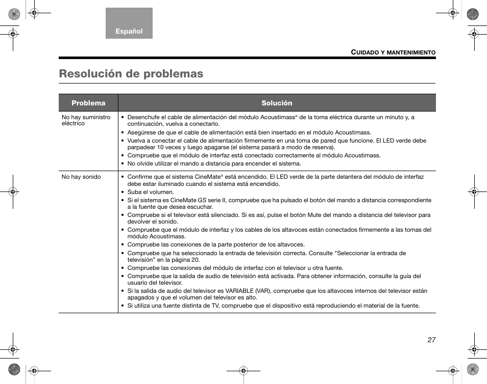 Resolución de problemas | Bose CineMate GS Series II User Manual | Page 59 / 124