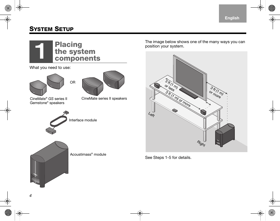 Ystem, Etup, Placing the system components | Bose CineMate GS Series II User Manual | Page 6 / 124