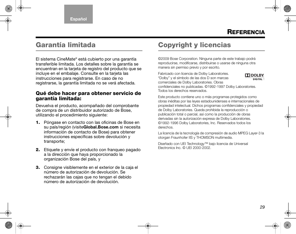 Eferencia, Garantía limitada, Copyright y licencias | Bose CineMate GS Series II User Manual | Page 61 / 124