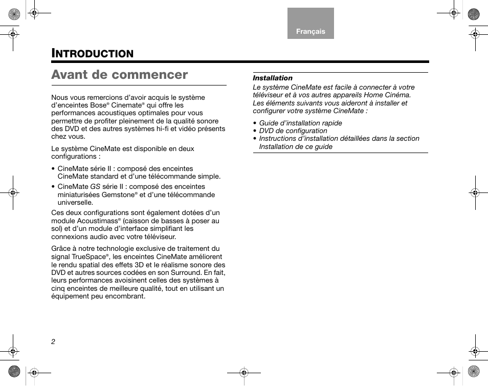 Ntroduction, Avant de commencer | Bose CineMate GS Series II User Manual | Page 64 / 124