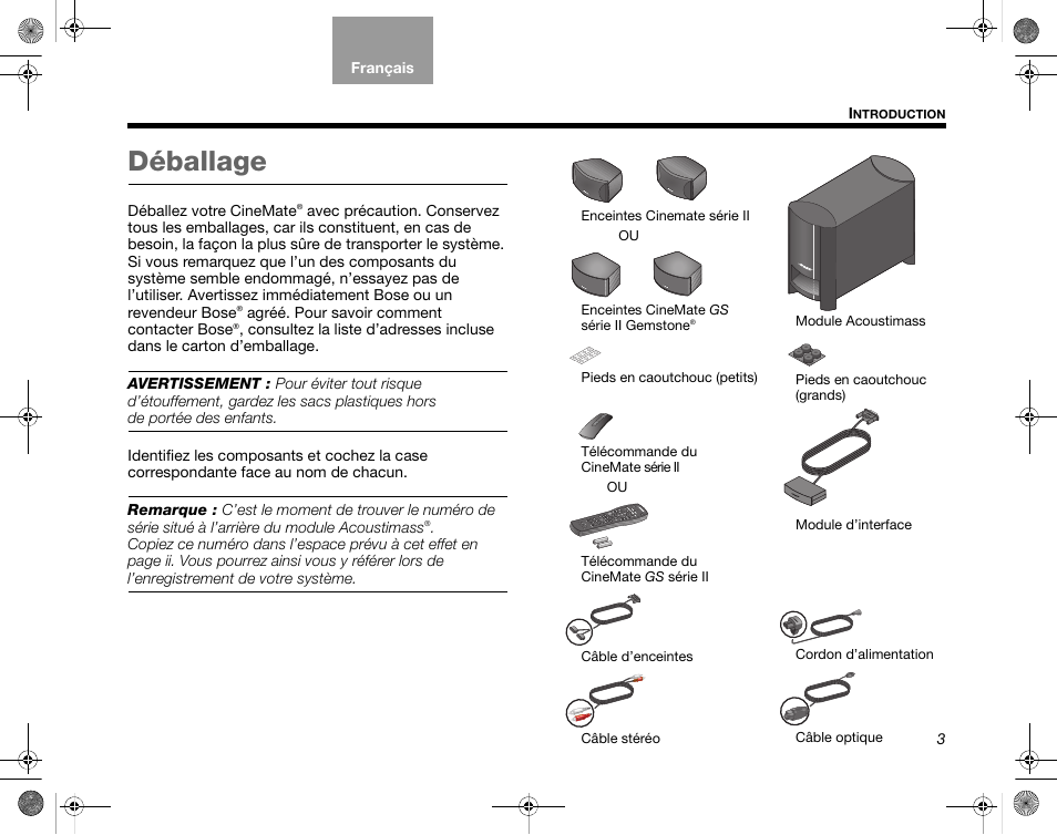 Déballage | Bose CineMate GS Series II User Manual | Page 65 / 124
