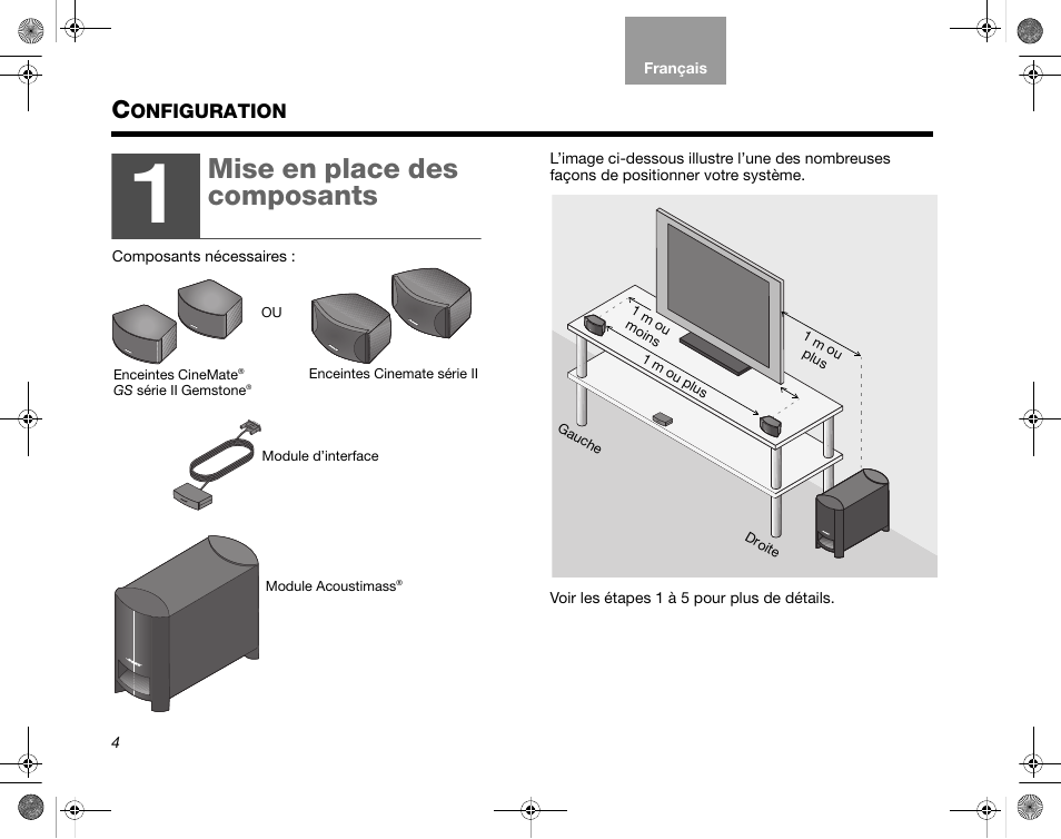 Onfiguration, Mise en place des composants | Bose CineMate GS Series II User Manual | Page 66 / 124