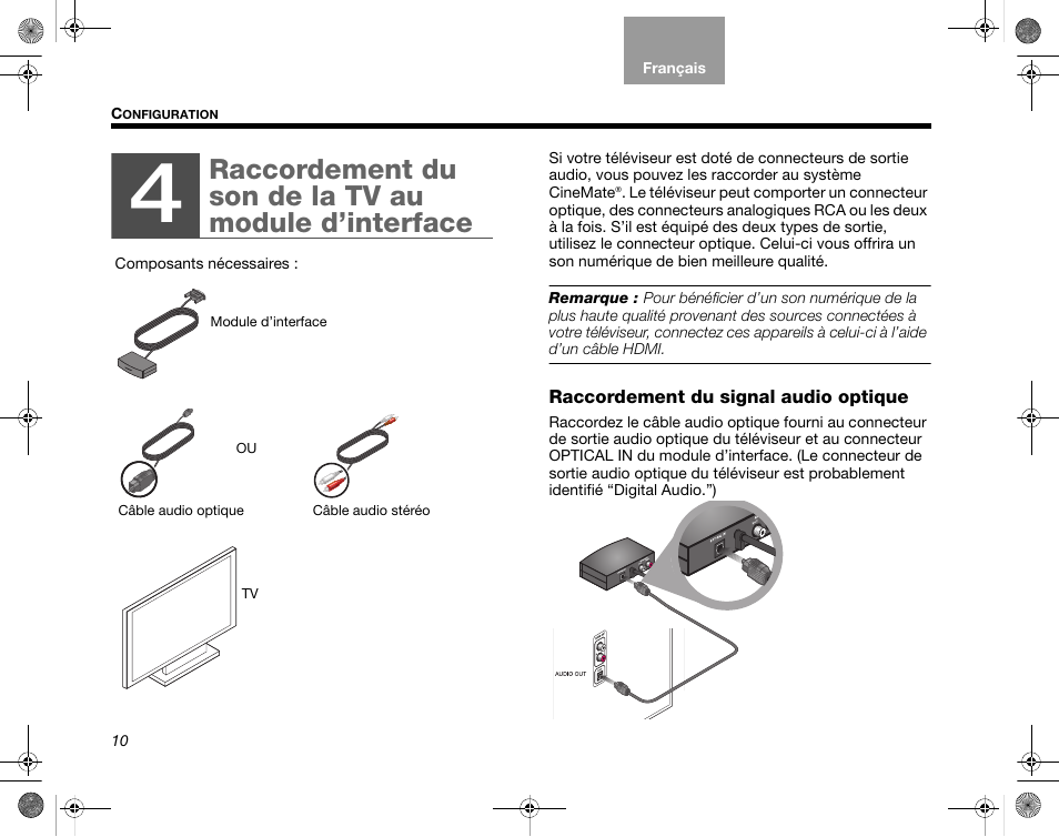 Raccordement du son de la tv au module d’interface, Raccordement du signal audio optique | Bose CineMate GS Series II User Manual | Page 72 / 124