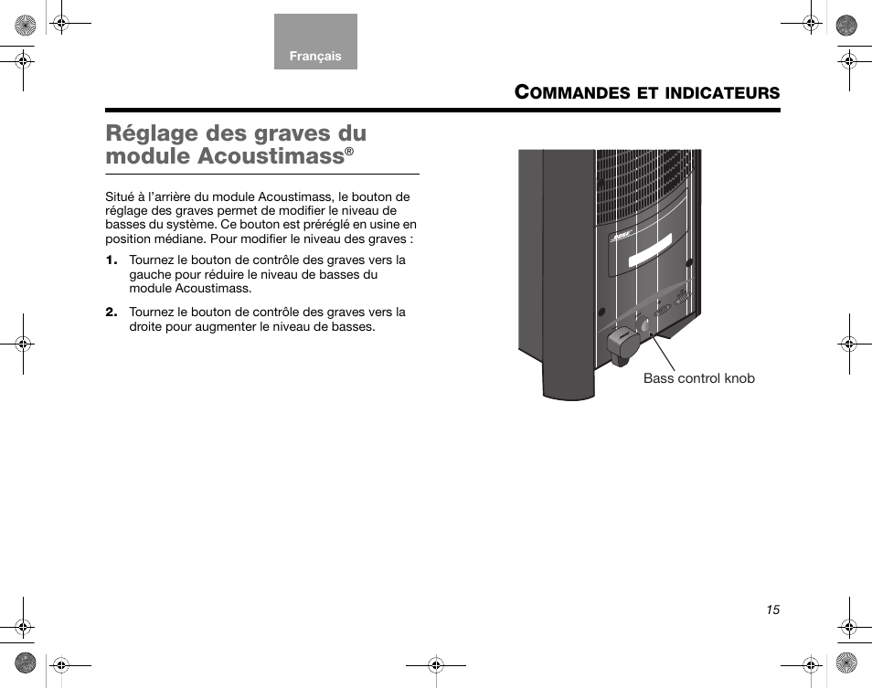 Ommandes, Indicateurs, Réglage des graves du module acoustimass | Bose CineMate GS Series II User Manual | Page 77 / 124
