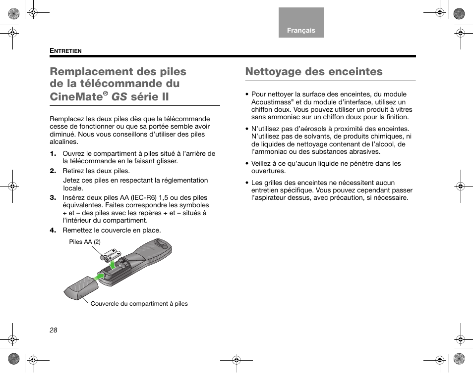 Nettoyage des enceintes, Gs série ii | Bose CineMate GS Series II User Manual | Page 88 / 124