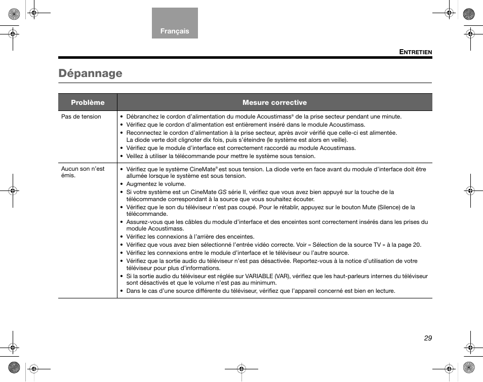 Dépannage | Bose CineMate GS Series II User Manual | Page 89 / 124