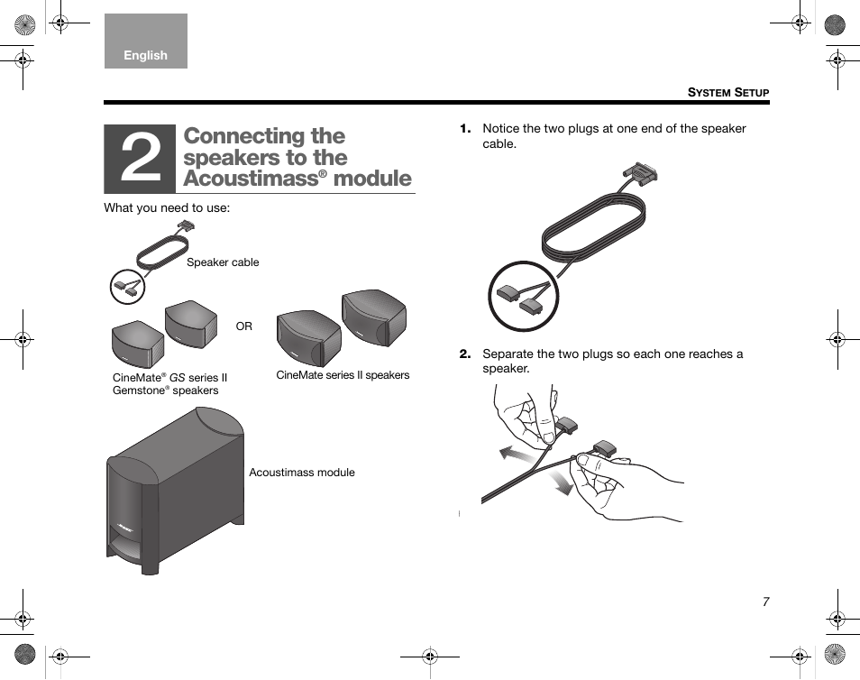 Connecting the speakers to the acoustimass® module, Connecting the speakers to the acoustimass, Module | Bose CineMate GS Series II User Manual | Page 9 / 124
