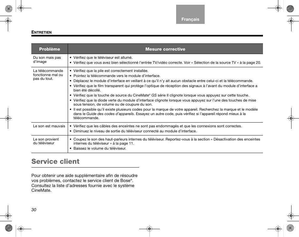 Service client | Bose CineMate GS Series II User Manual | Page 90 / 124