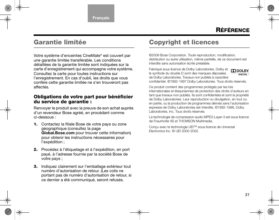 Éférence, Garantie limitée, Copyright et licences | Bose CineMate GS Series II User Manual | Page 91 / 124