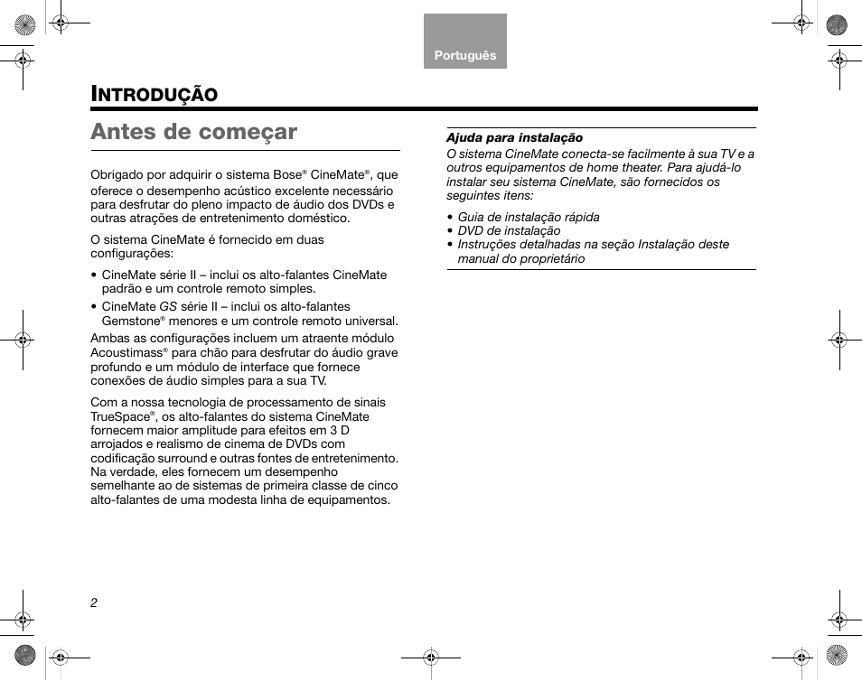Ntrodução, Antes de começar | Bose CineMate GS Series II User Manual | Page 94 / 124
