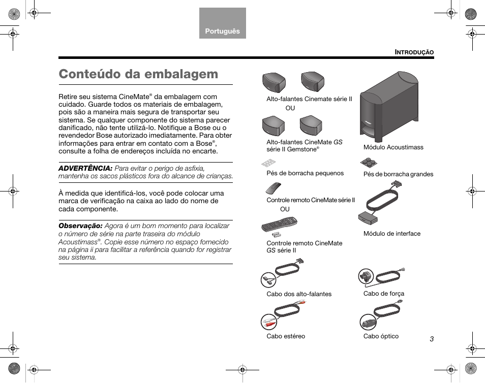 Conteúdo da embalagem | Bose CineMate GS Series II User Manual | Page 95 / 124
