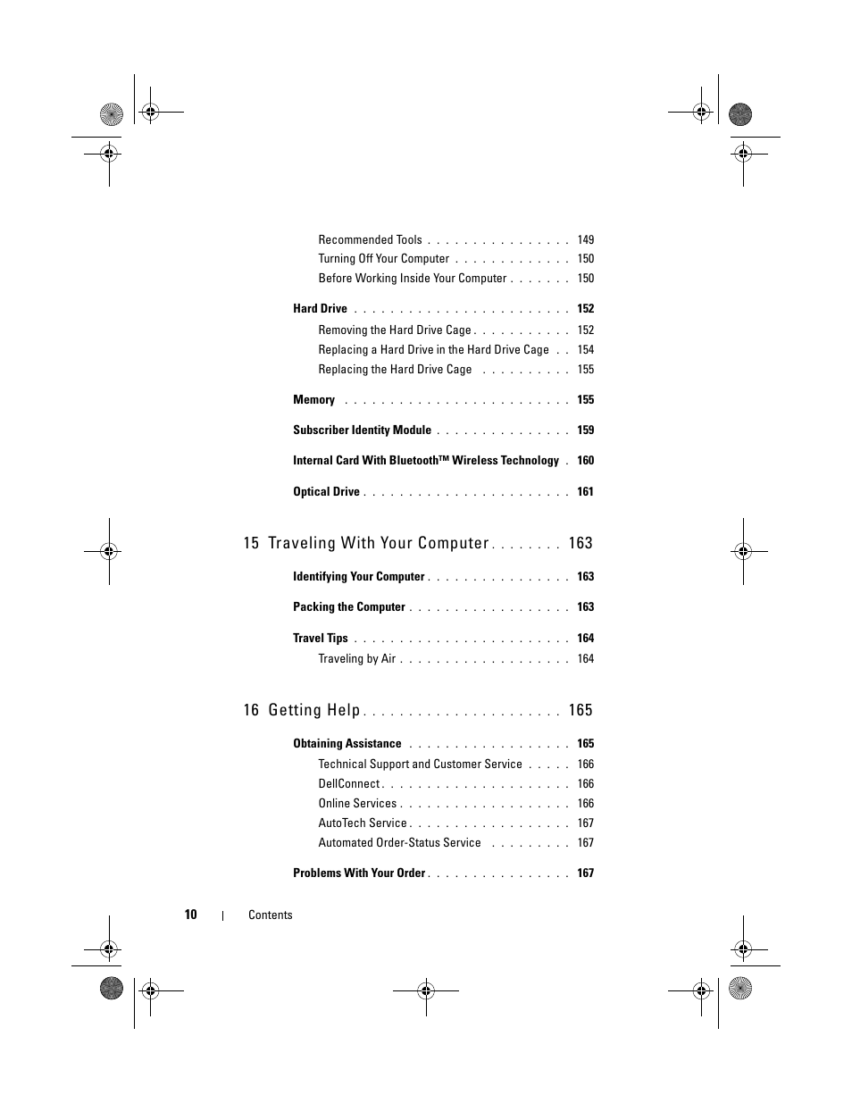 15 traveling with your computer 163, 16 getting help 165, 15 traveling with your computer | 16 getting help | Dell XPS M1730 (M1730, Late 2007) User Manual | Page 10 / 208