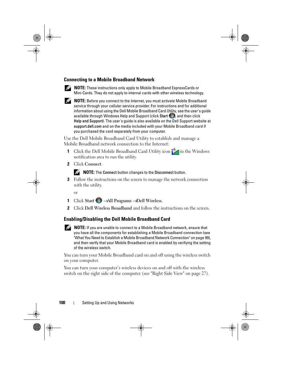 Connecting to a mobile broadband network, Enabling/disabling the dell mobile broadband card | Dell XPS M1730 (M1730, Late 2007) User Manual | Page 100 / 208