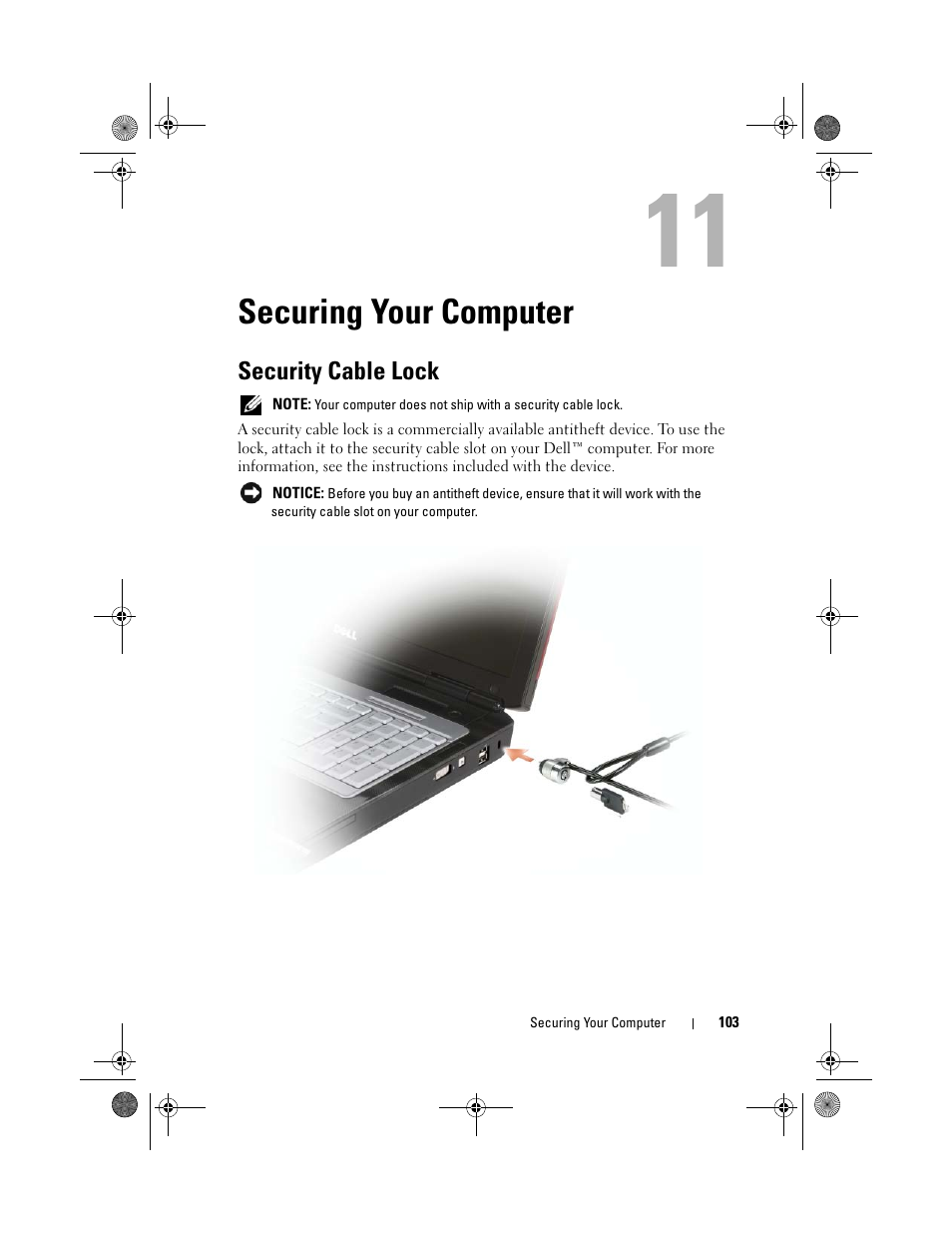Securing your computer, Security cable lock | Dell XPS M1730 (M1730, Late 2007) User Manual | Page 103 / 208