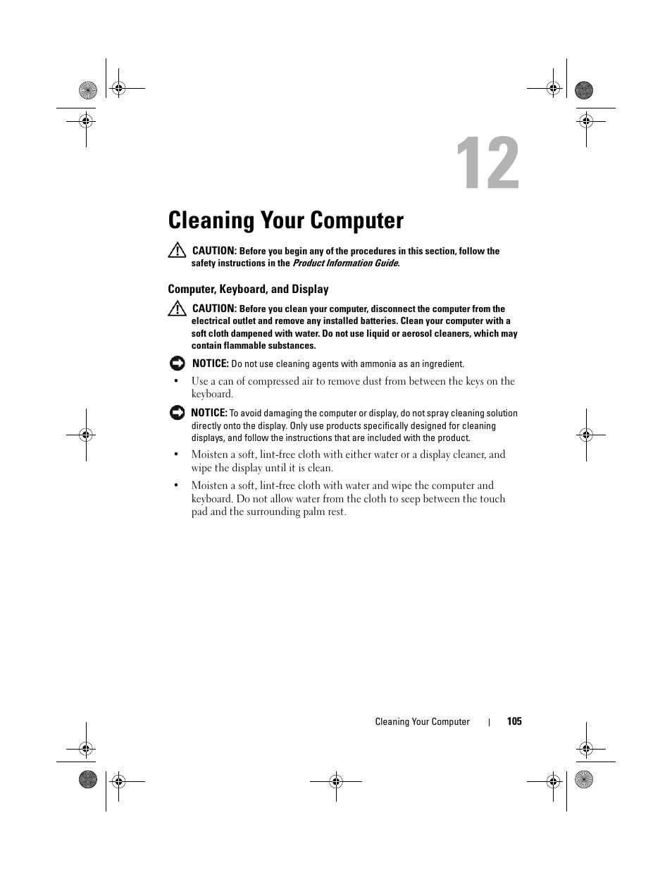 Cleaning your computer, Computer, keyboard, and display | Dell XPS M1730 (M1730, Late 2007) User Manual | Page 105 / 208