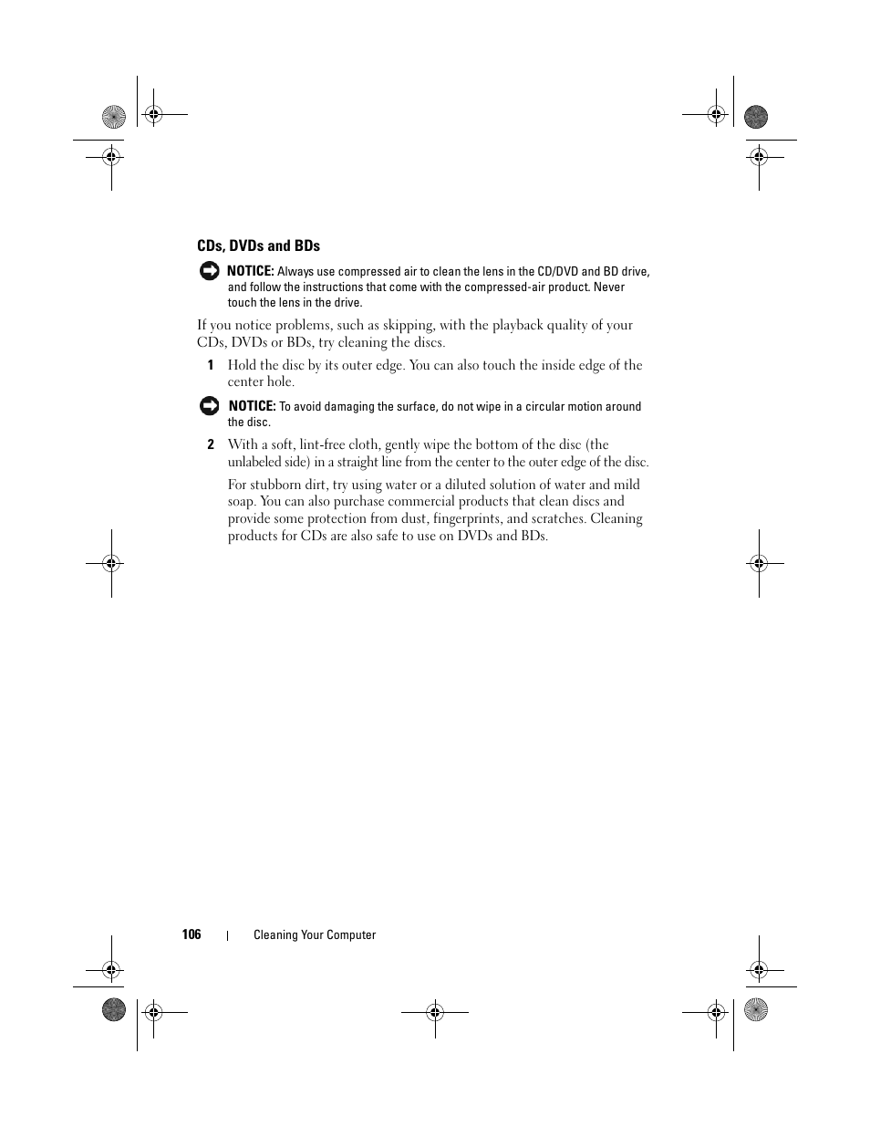 Cds, dvds and bds | Dell XPS M1730 (M1730, Late 2007) User Manual | Page 106 / 208