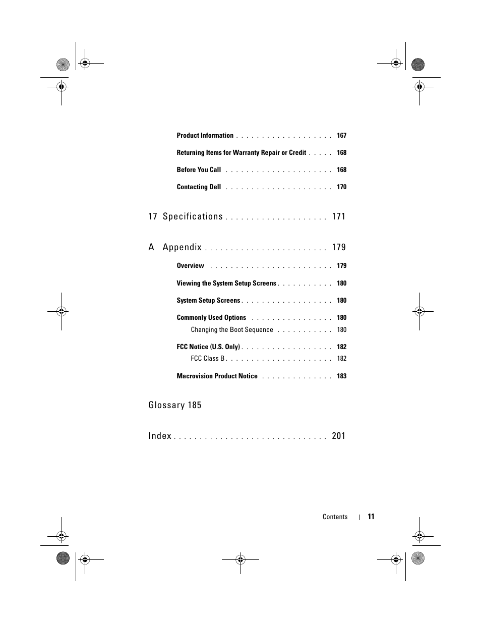 17 specifications 171, A appendix 179, Glossary 185 | Index 201, 17 specifications, 171 a appendix, Glossary 185 index | Dell XPS M1730 (M1730, Late 2007) User Manual | Page 11 / 208