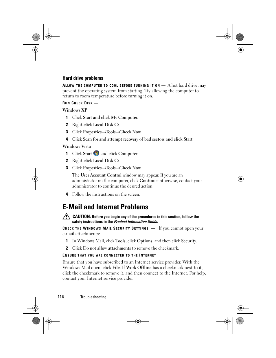 Hard drive problems, E-mail and internet problems | Dell XPS M1730 (M1730, Late 2007) User Manual | Page 114 / 208
