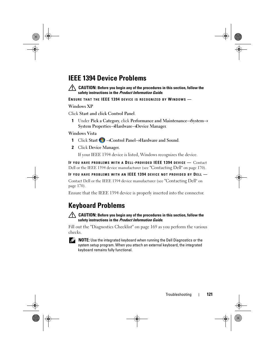 Ieee 1394 device problems, Keyboard problems | Dell XPS M1730 (M1730, Late 2007) User Manual | Page 121 / 208