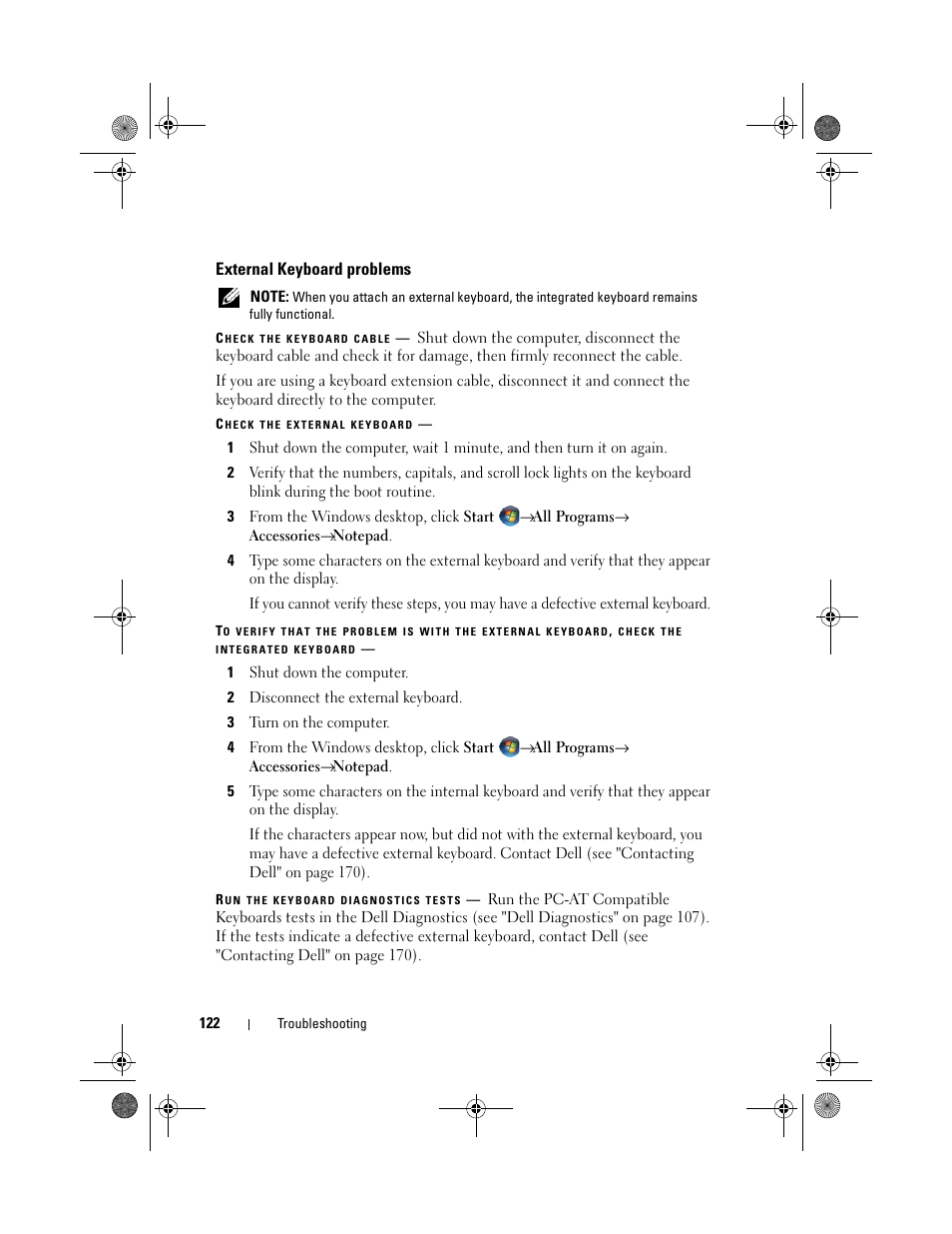 External keyboard problems | Dell XPS M1730 (M1730, Late 2007) User Manual | Page 122 / 208