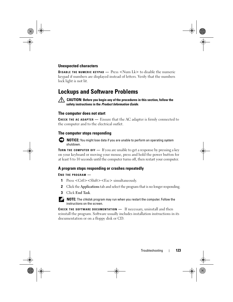 Unexpected characters, Lockups and software problems, The computer does not start | The computer stops responding, A program stops responding or crashes repeatedly | Dell XPS M1730 (M1730, Late 2007) User Manual | Page 123 / 208
