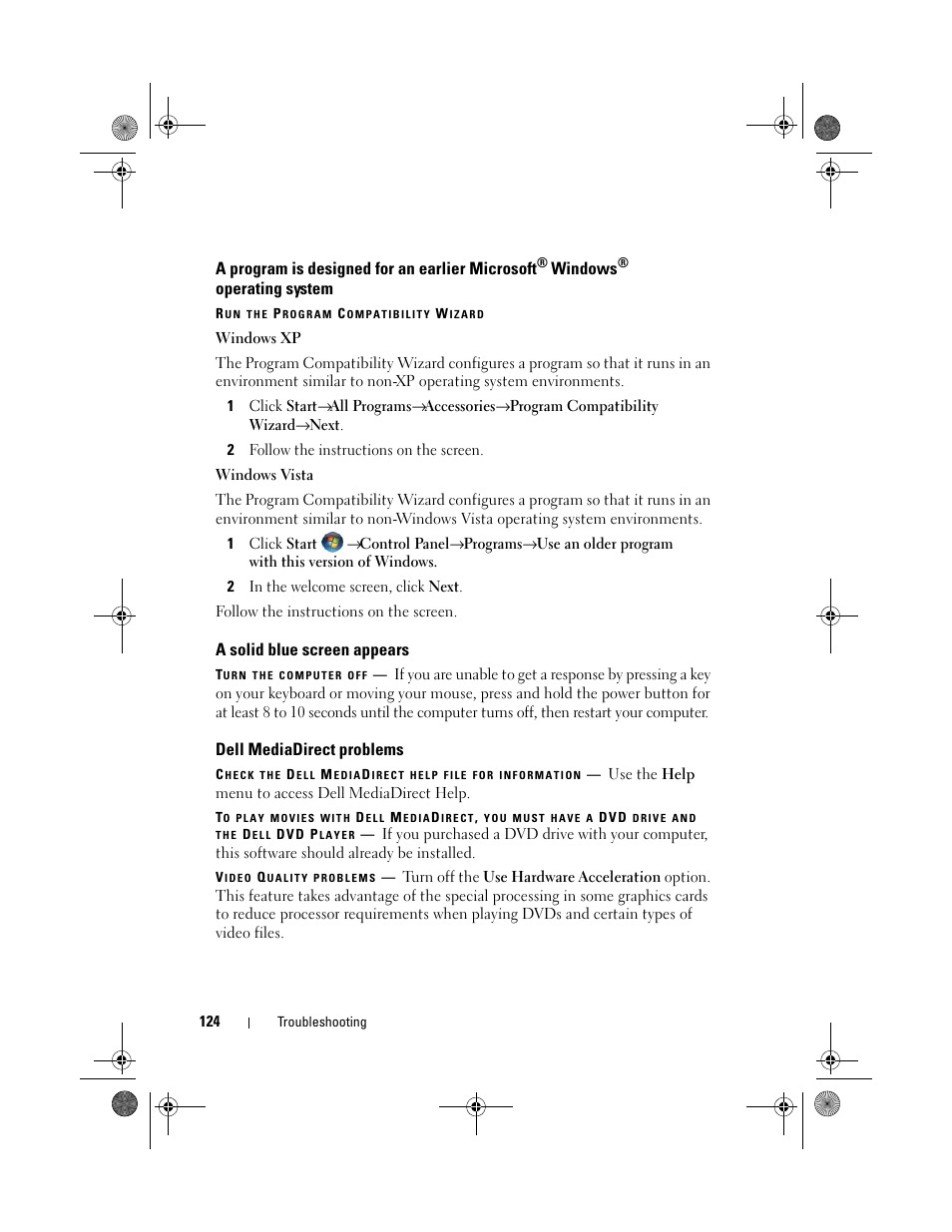 A solid blue screen appears, Dell mediadirect problems, A program is designed for an earlier microsoft | Windows, Operating system | Dell XPS M1730 (M1730, Late 2007) User Manual | Page 124 / 208