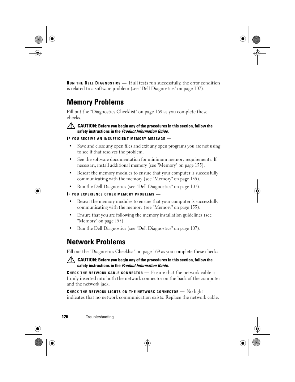 Memory problems, Network problems | Dell XPS M1730 (M1730, Late 2007) User Manual | Page 126 / 208