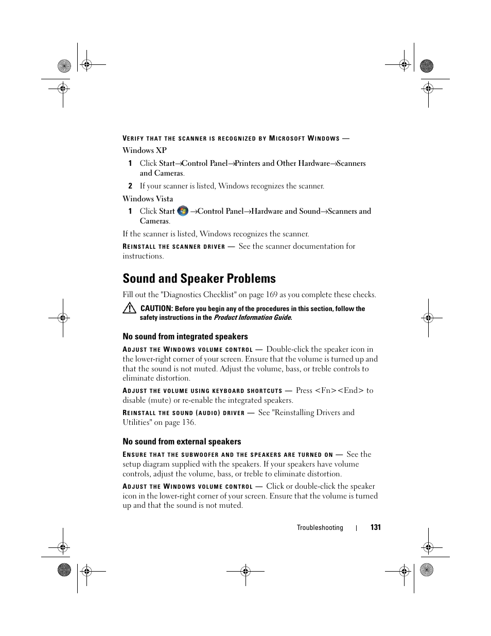 Sound and speaker problems, No sound from integrated speakers, No sound from external speakers | Dell XPS M1730 (M1730, Late 2007) User Manual | Page 131 / 208