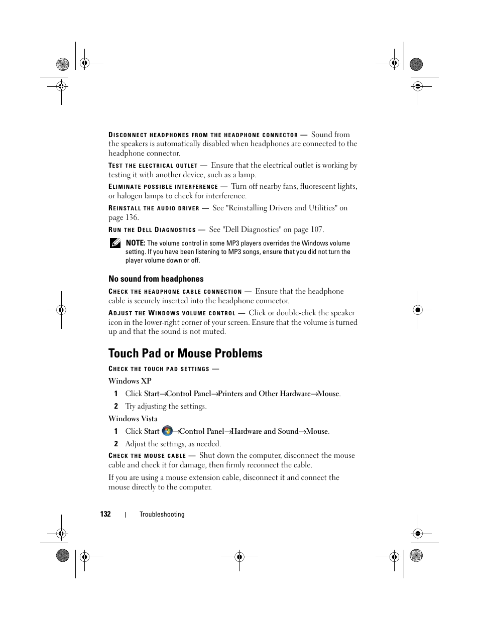 No sound from headphones, Touch pad or mouse problems | Dell XPS M1730 (M1730, Late 2007) User Manual | Page 132 / 208