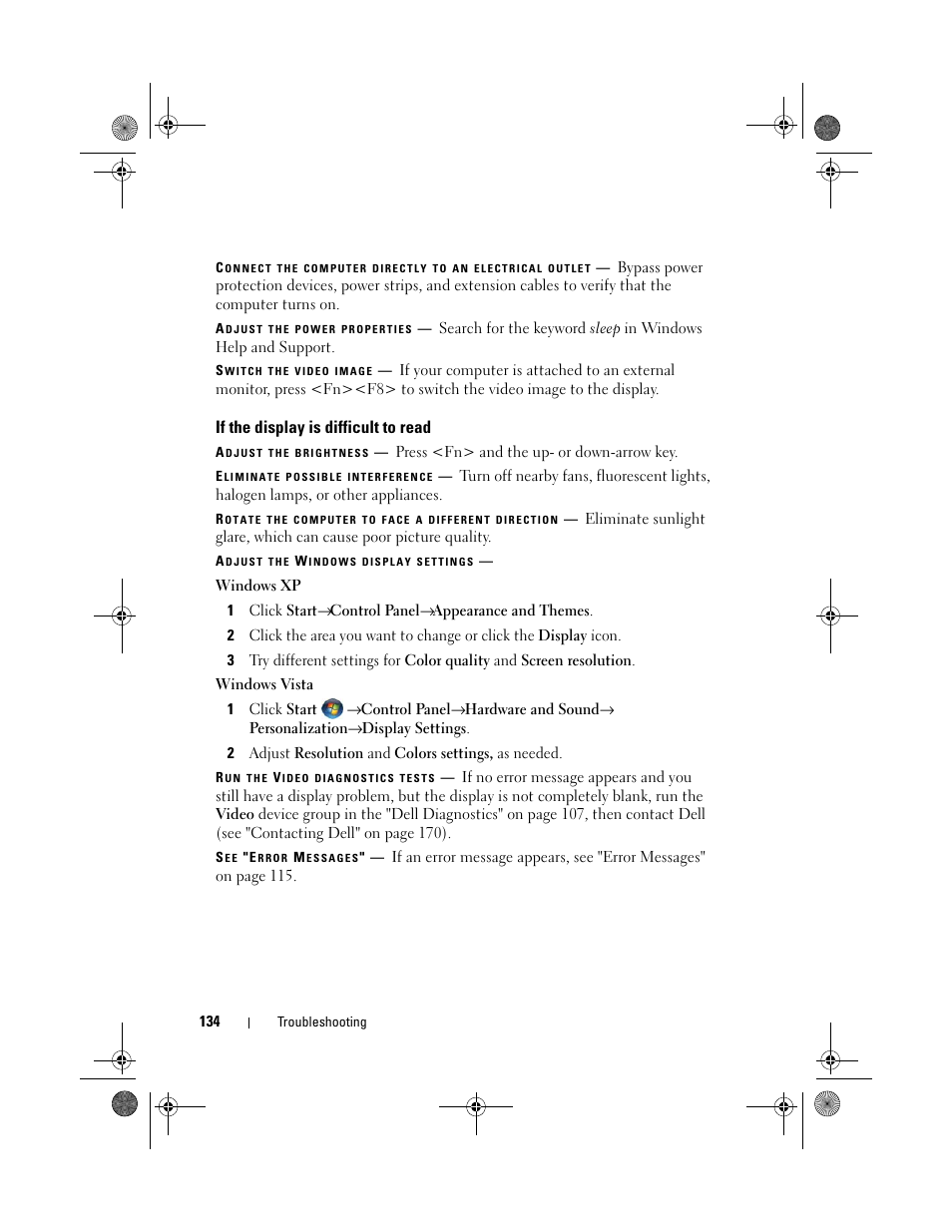 If the display is difficult to read | Dell XPS M1730 (M1730, Late 2007) User Manual | Page 134 / 208