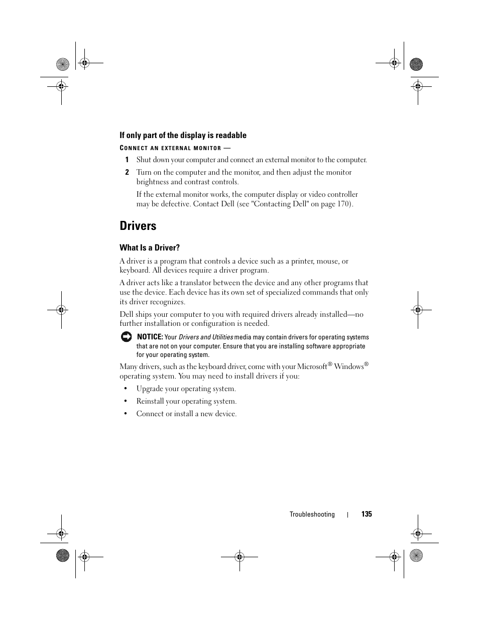If only part of the display is readable, Drivers, What is a driver | Dell XPS M1730 (M1730, Late 2007) User Manual | Page 135 / 208