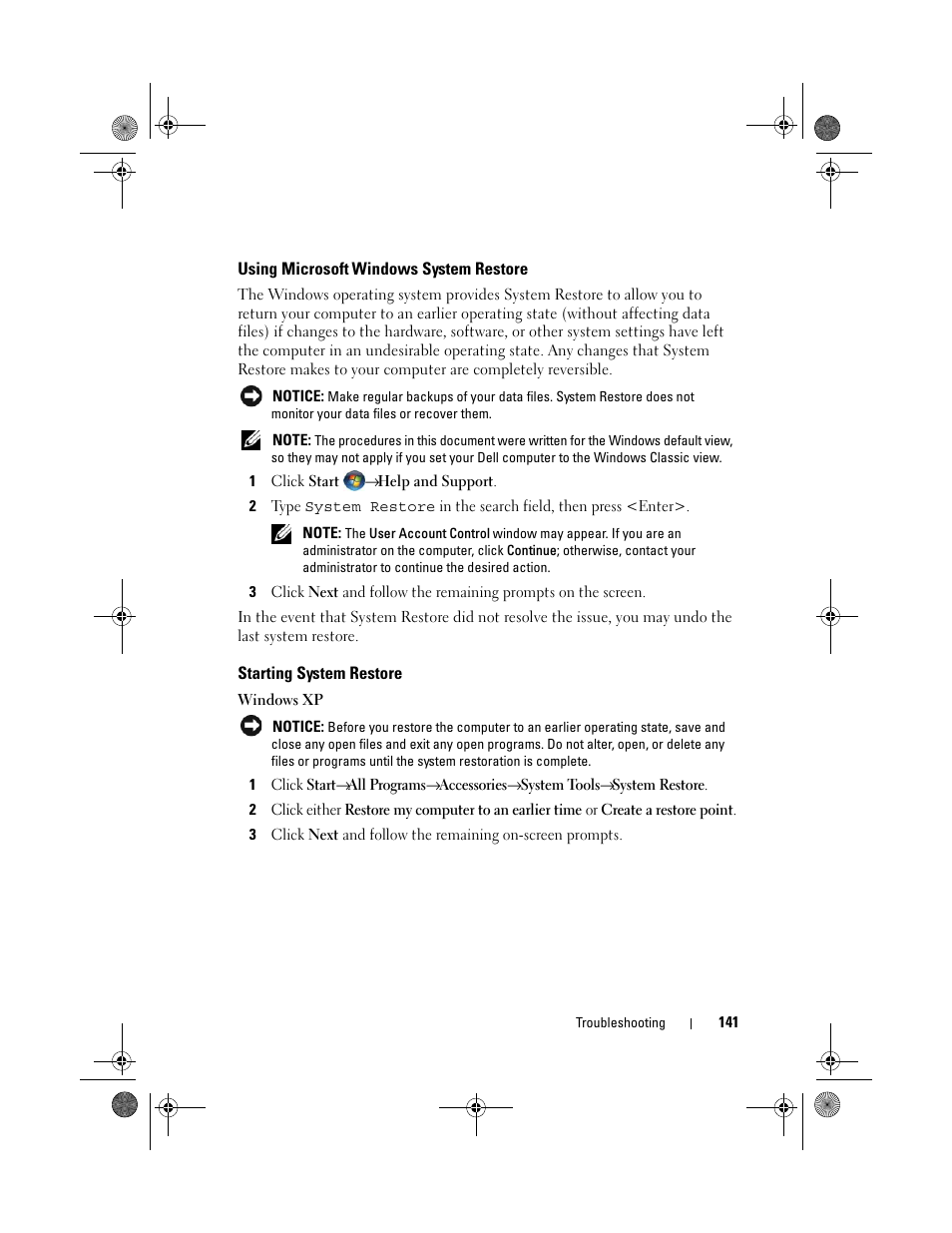 Using microsoft windows system restore, Starting system restore, Using microsoft | R instructions, see "using microsoft, Windows system restore" on | Dell XPS M1730 (M1730, Late 2007) User Manual | Page 141 / 208