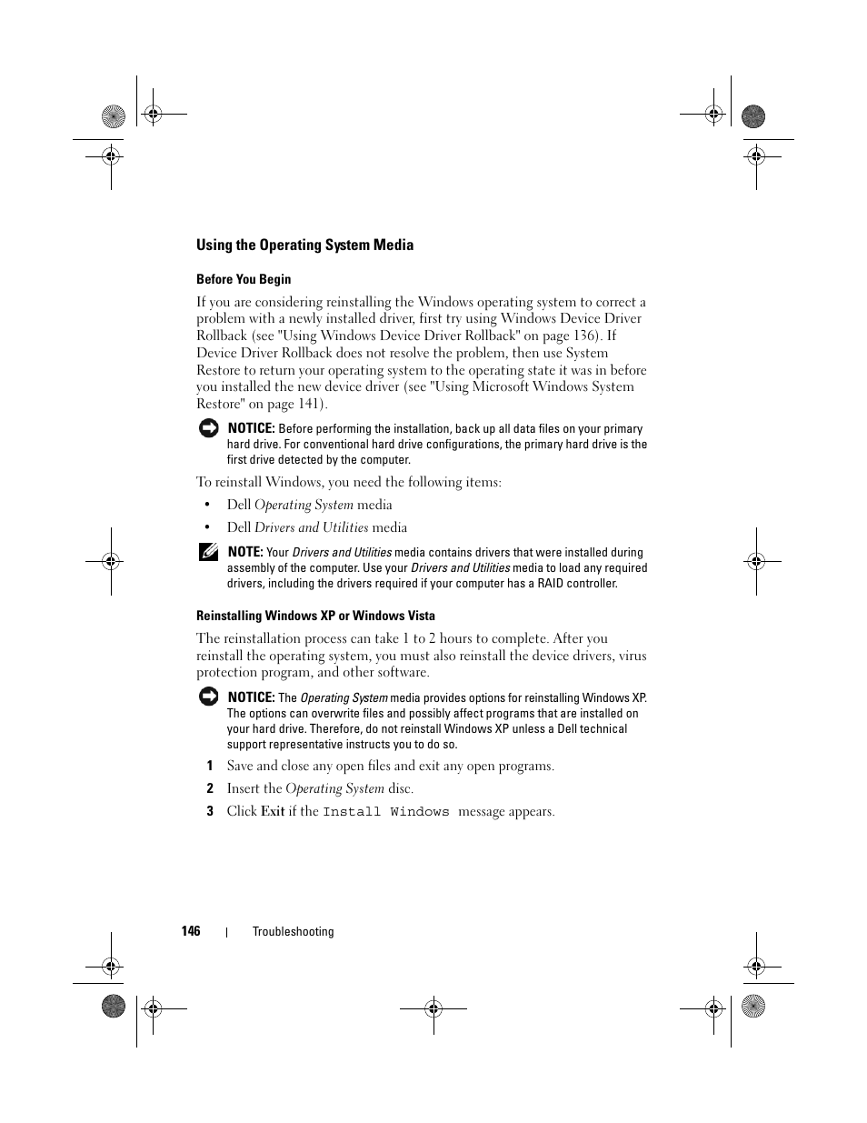 Using the operating system media | Dell XPS M1730 (M1730, Late 2007) User Manual | Page 146 / 208