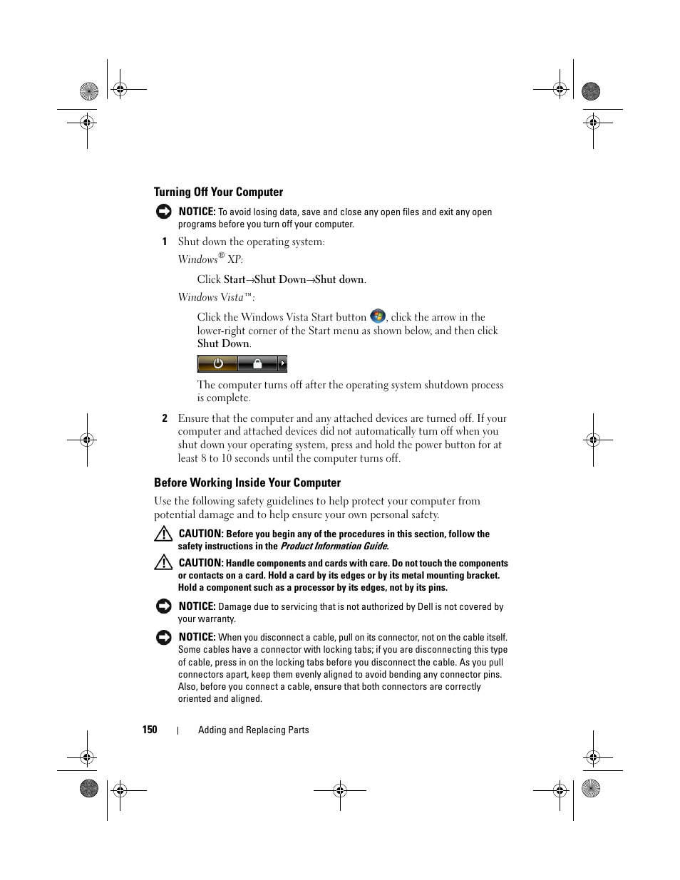 Turning off your computer, Before working inside your computer | Dell XPS M1730 (M1730, Late 2007) User Manual | Page 150 / 208