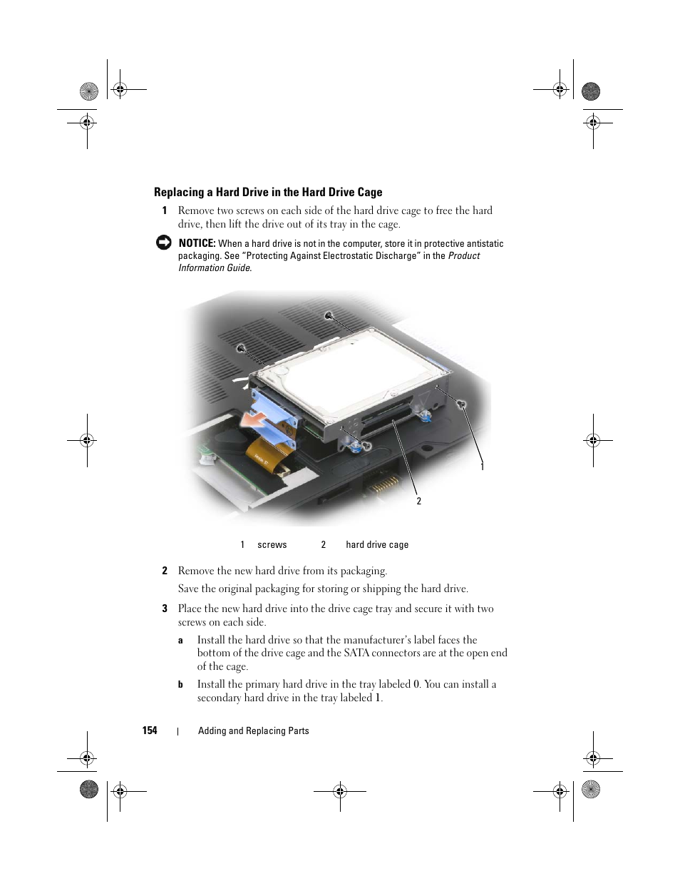 Replacing a hard drive in the hard drive cage | Dell XPS M1730 (M1730, Late 2007) User Manual | Page 154 / 208