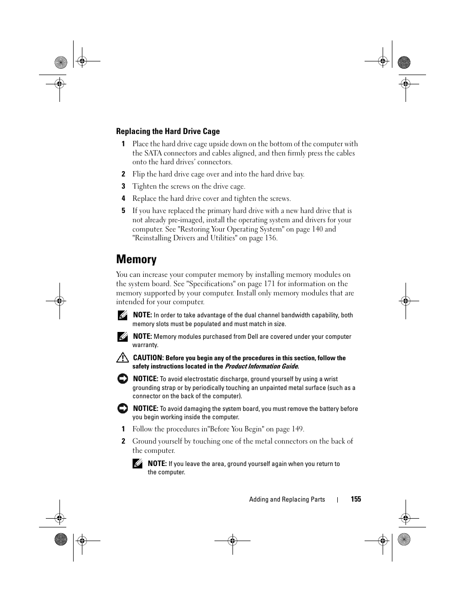 Replacing the hard drive cage, Memory | Dell XPS M1730 (M1730, Late 2007) User Manual | Page 155 / 208