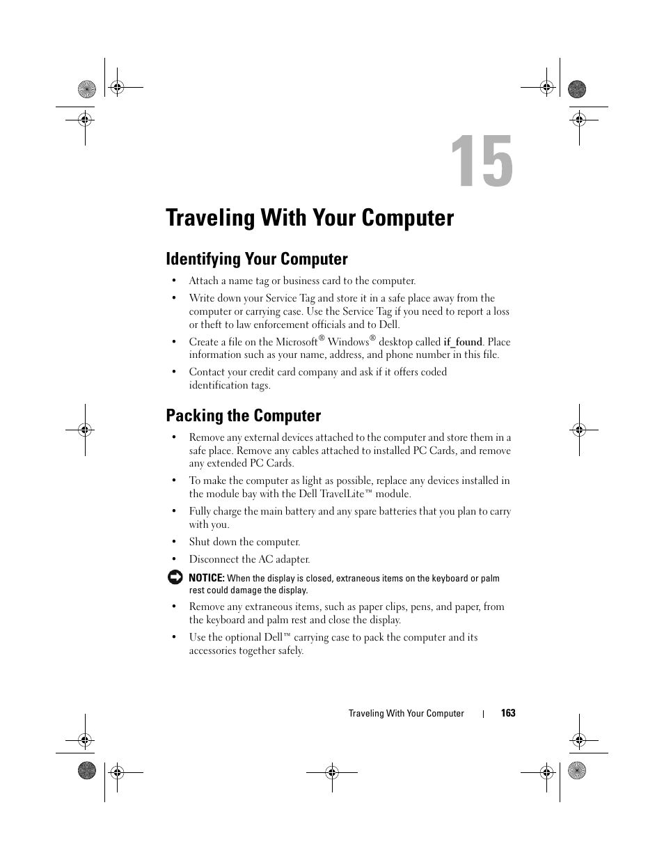 Traveling with your computer, Identifying your computer, Packing the computer | Dell XPS M1730 (M1730, Late 2007) User Manual | Page 163 / 208