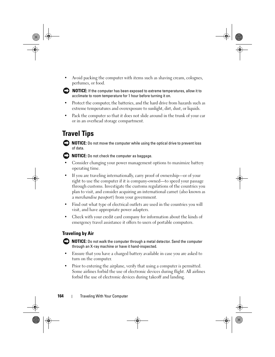 Travel tips, Traveling by air | Dell XPS M1730 (M1730, Late 2007) User Manual | Page 164 / 208